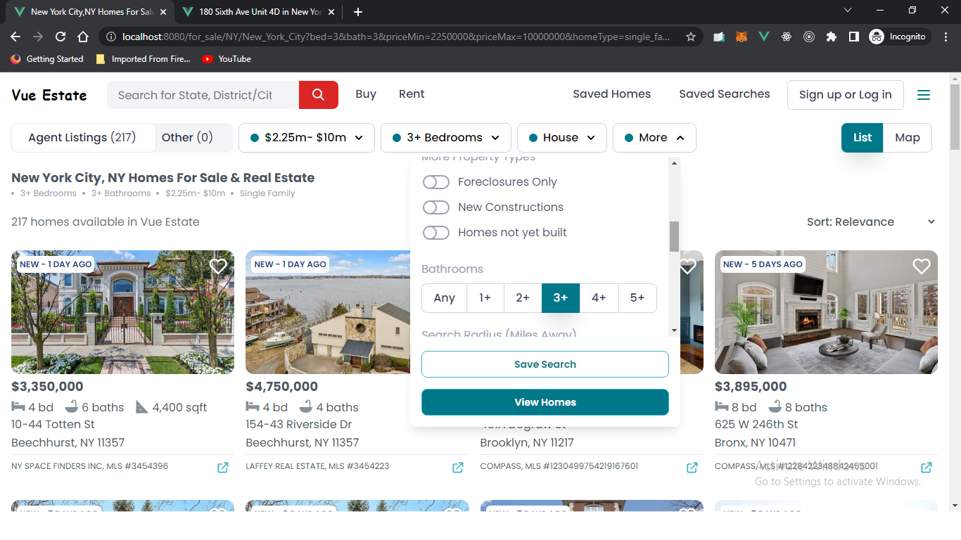 Vue Estate Property filter page