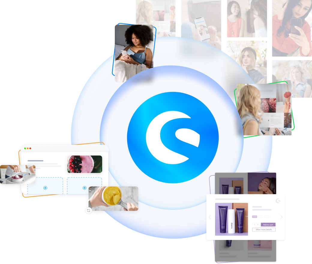 Shopware logo surrounded with images of people and screenshots of Shopware