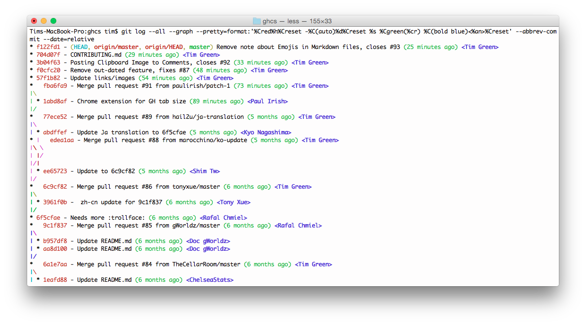 git log --all --graph --pretty=format:'%Cred%h%Creset -%C(auto)%d%Creset %s %Cgreen(%cr) %C(bold blue)<%an>%Creset' --abbrev-commit --date=relative