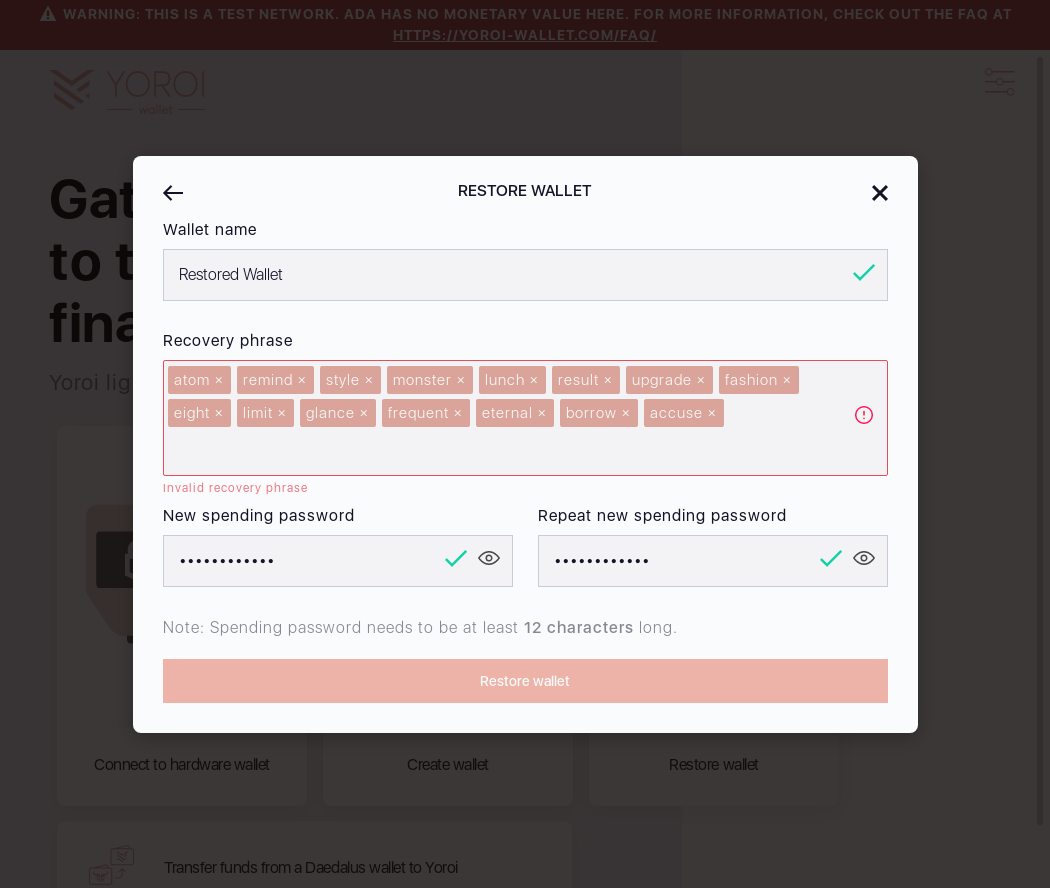 Wallet restoration Recovery Phrase test IT70/9_132-I should see an Invalid recovery phrase error message.png