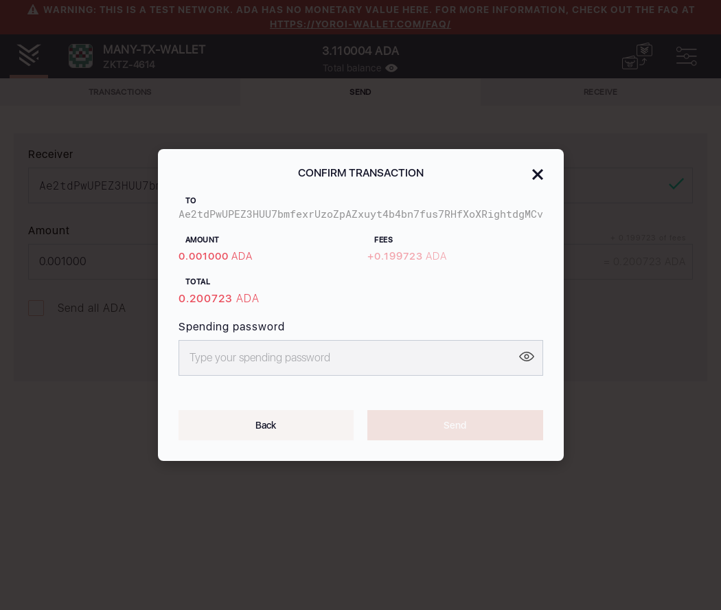 User can send funds from one Yoroi wallet to another IT54/7_27-I click on the next button in the wallet send form.png