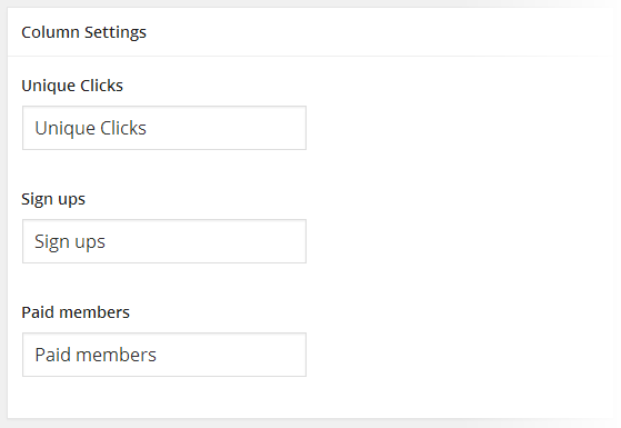 Affiliate settings - Column Settings