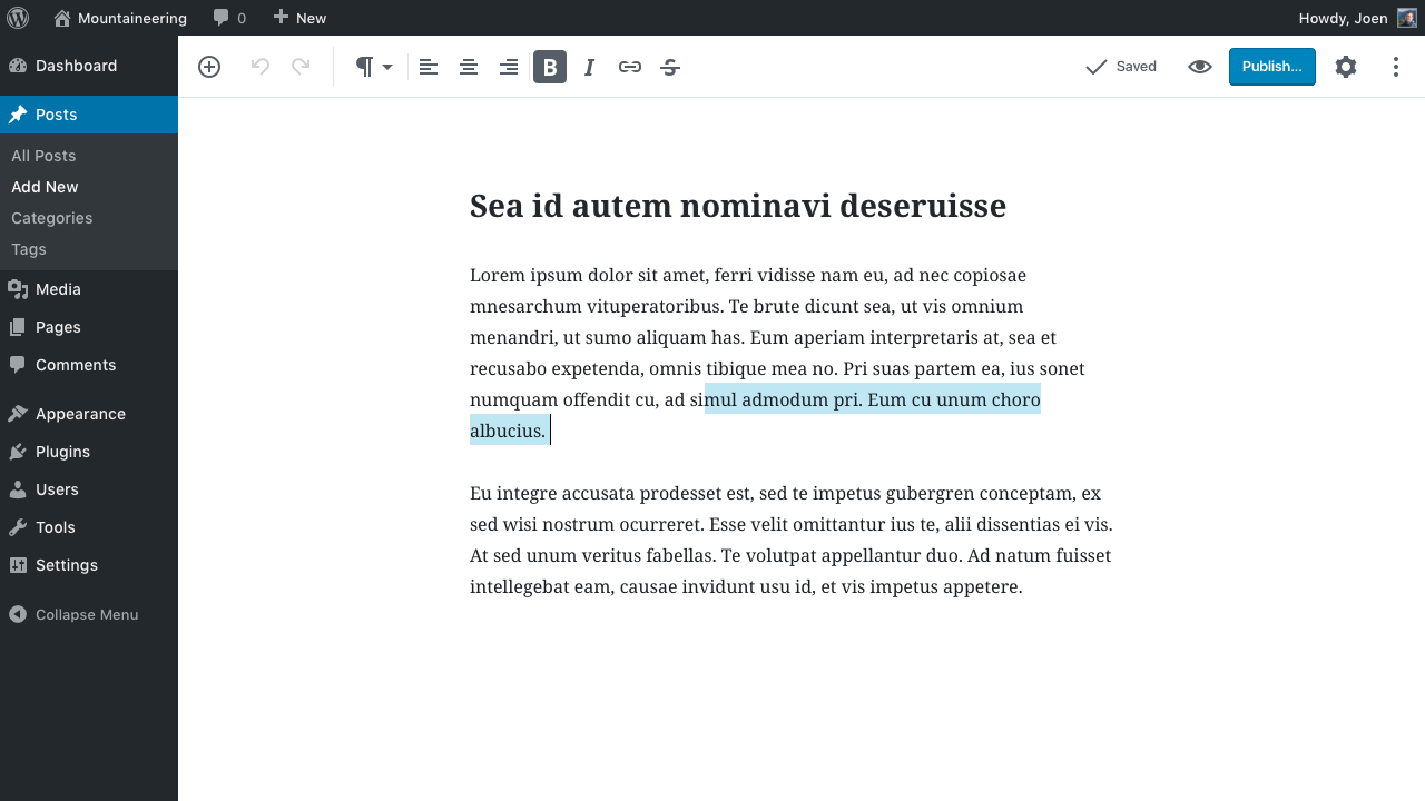 Screenshot of the Gutenberg Editor, editing a post in WordPress