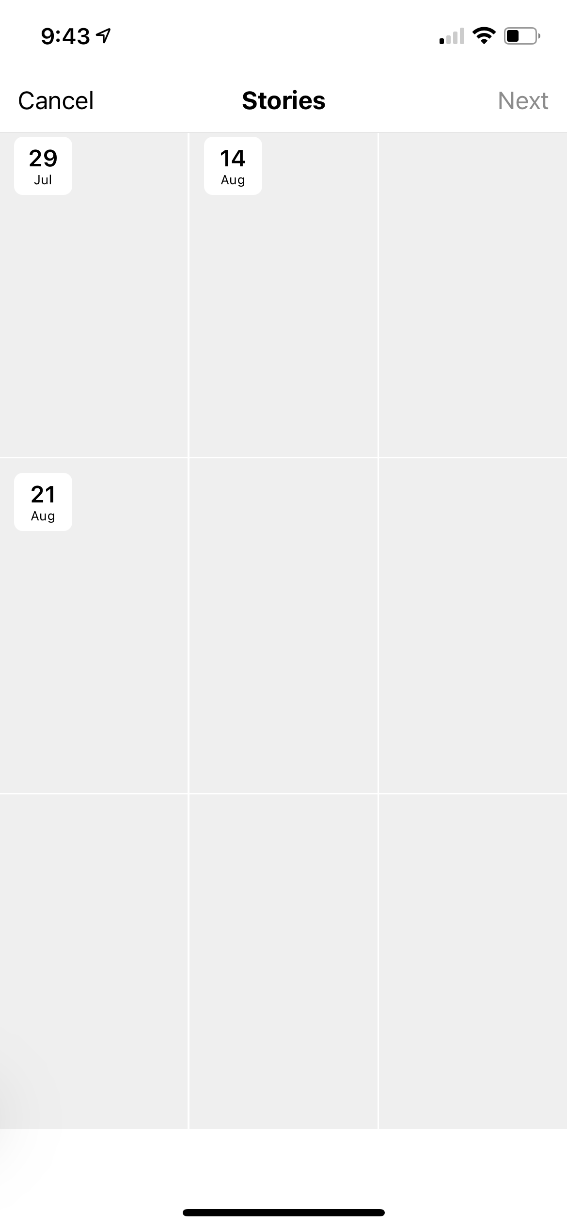 A screenshot of an Instagram Stories archive. Images have been grayed out for privacy.