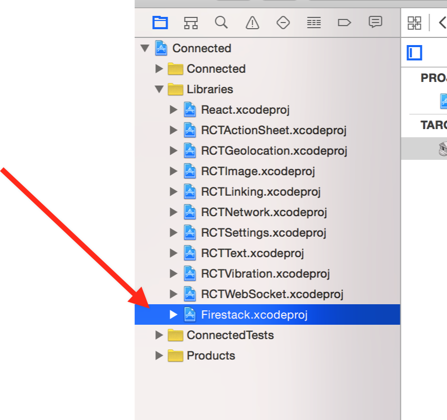 Firebase.xcodeproj in Libraries listing