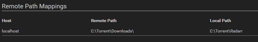 Radarr Remote Path Mapping settings page