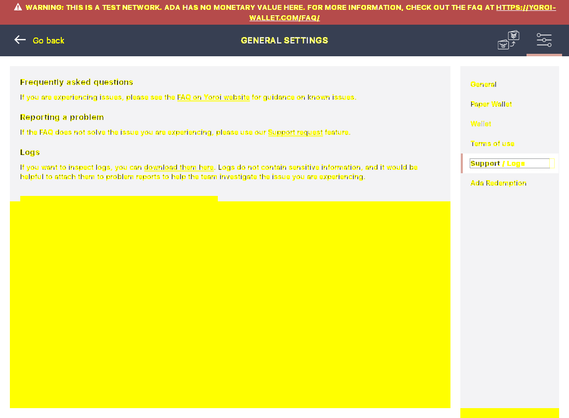 Yoroi Settings Screen Support IT4/4_169-I should see support screen.png