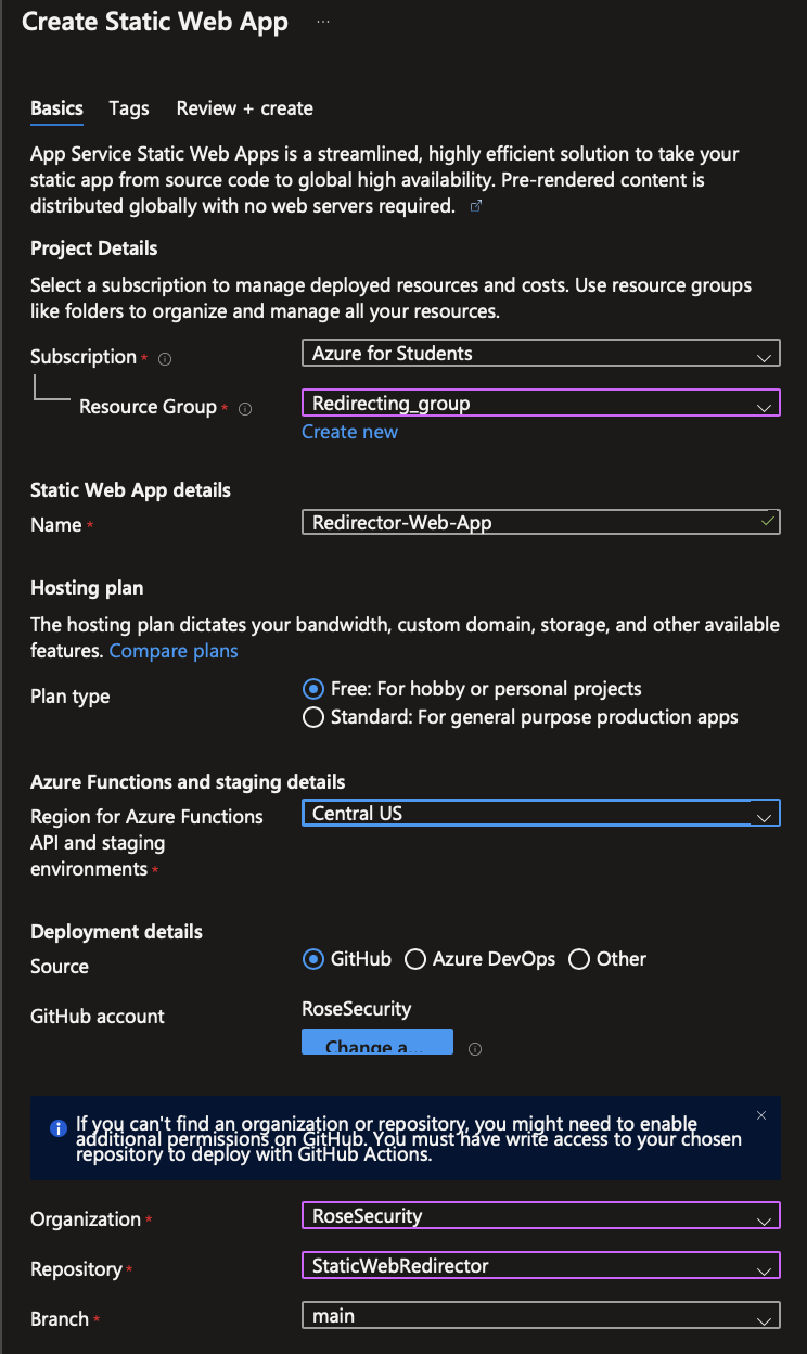 Configuring Static Web App