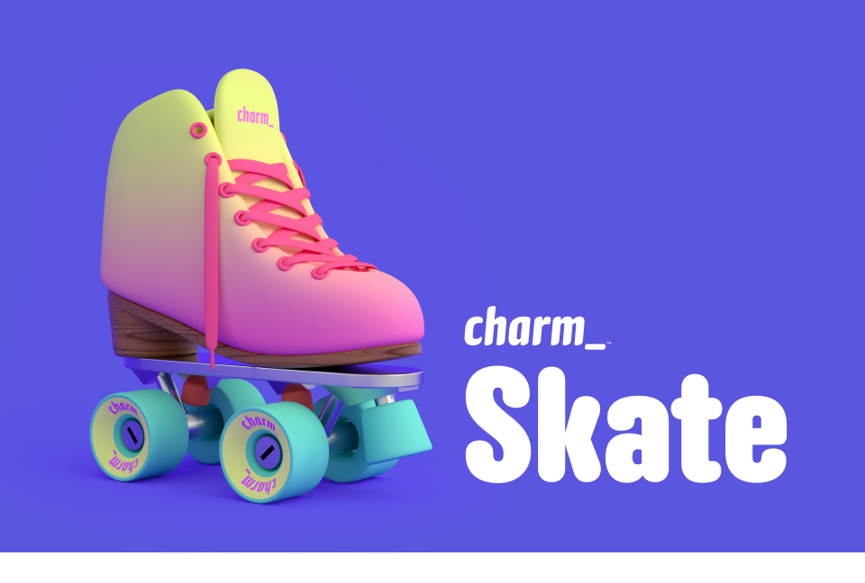 A nice rendering of a roller skate with the words ‘Charm Skate’ next to it