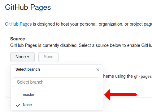 arrow pointing at branch dropdown in GH pages settings
