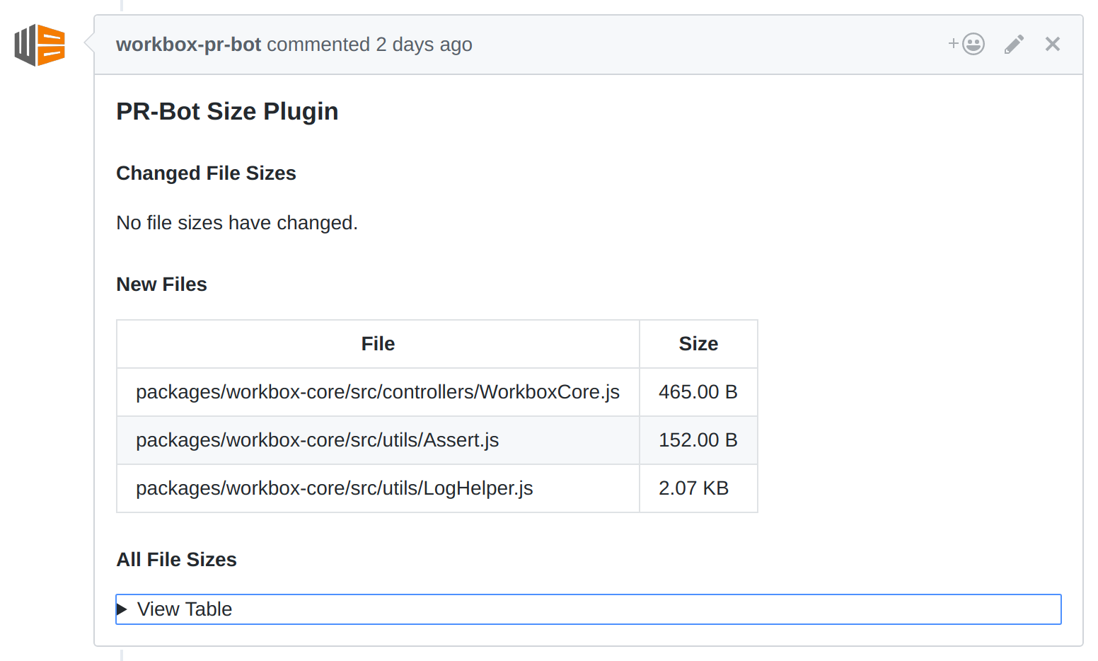 Example output from Size Plugin from pr-bot