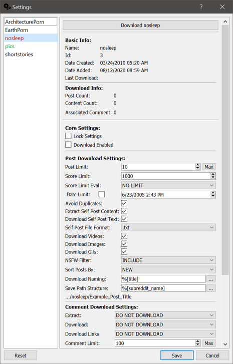 User/subreddit Settings