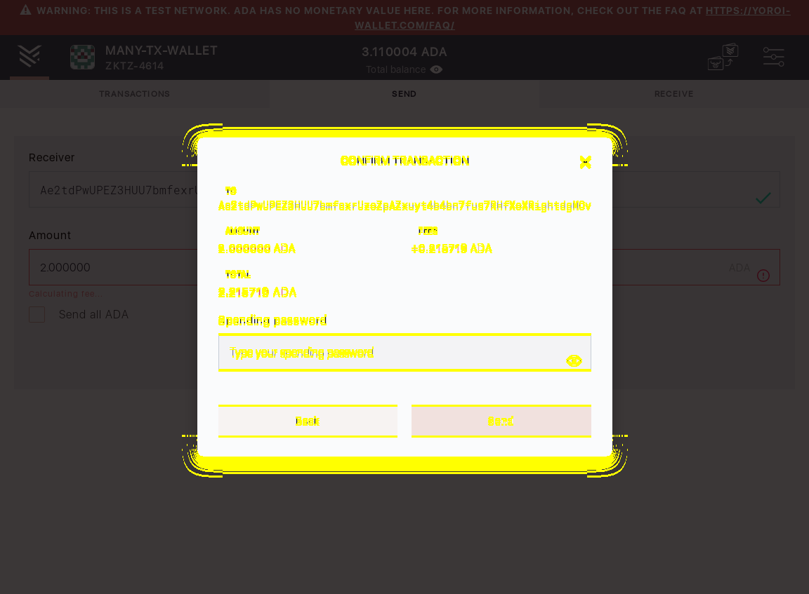 User can send funds from one Yoroi wallet to another IT54/9_29-I should see no warning block.png