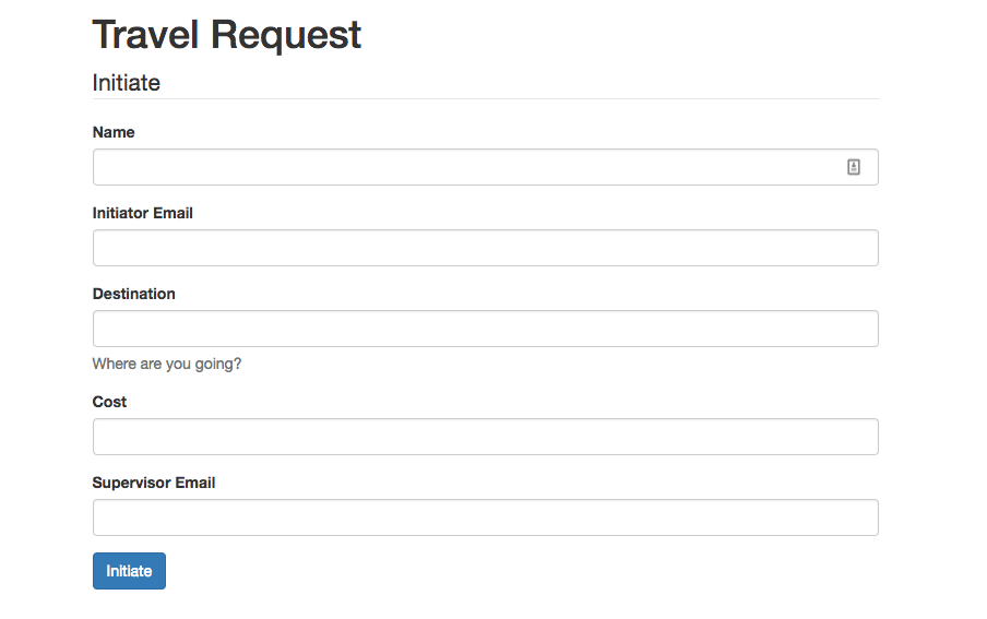 screenshot of travel request form