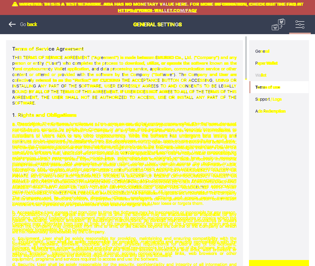 Yoroi Settings Screen Terms of Use in Default EnglishIT3/3_157-I click on secondary menu item.png