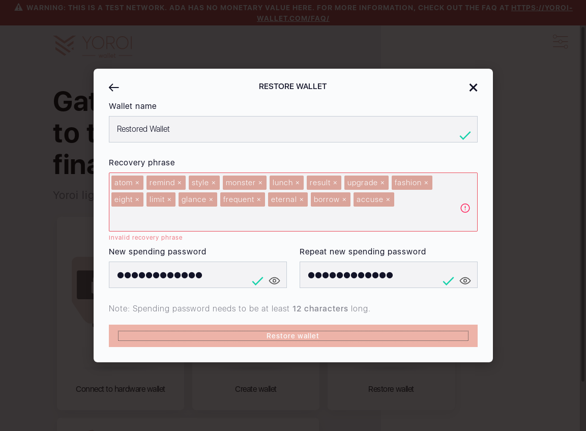 Wallet restoration Recovery Phrase test IT70/7_132-I click the Restore Wallet button.png