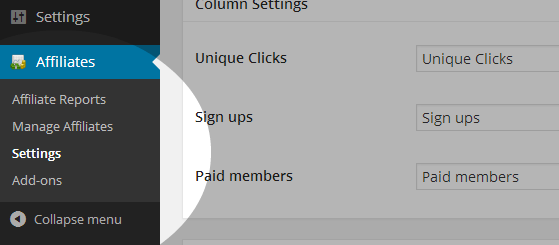 Affiliate Settings Menu