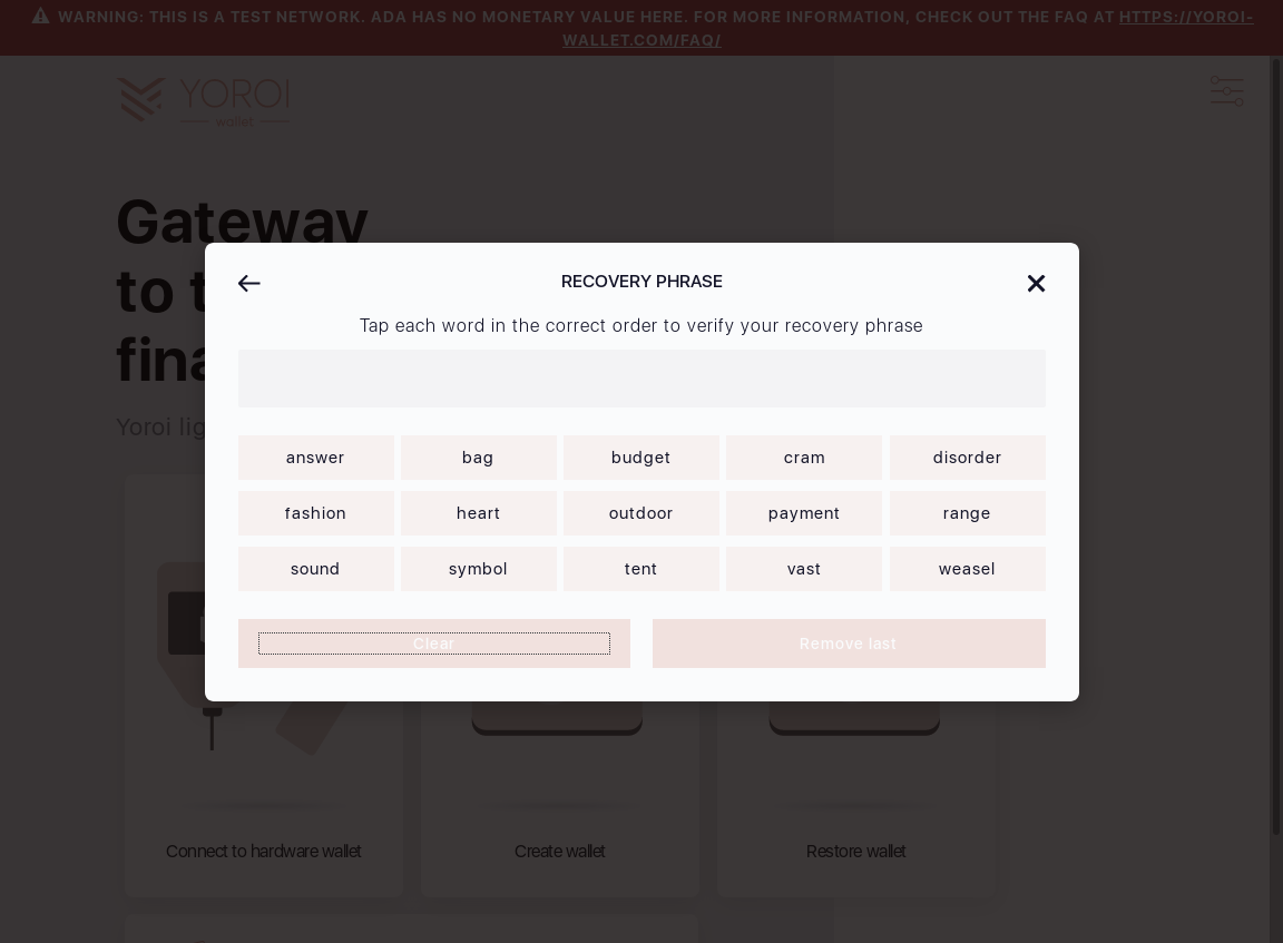 Mnemonic words can be cleared by clicking Clear button on wallet creation screen IT18/10_35-I see All selected words are cleared.png