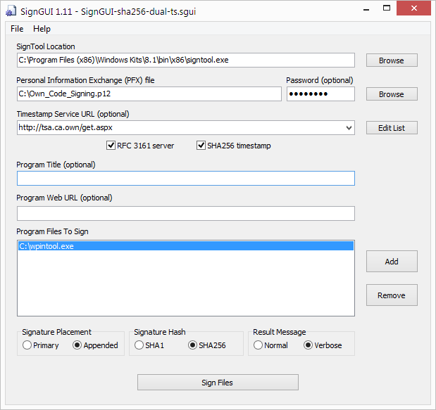 SignGUI running on Windows 7.