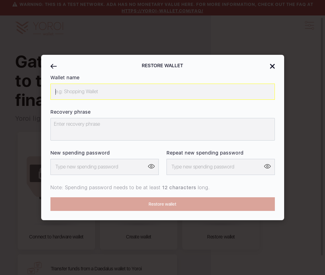 Mnemonic words can be cleared by pressing x sign for each word on wallet restoration screen IT13/3_28-I click the restore button.png