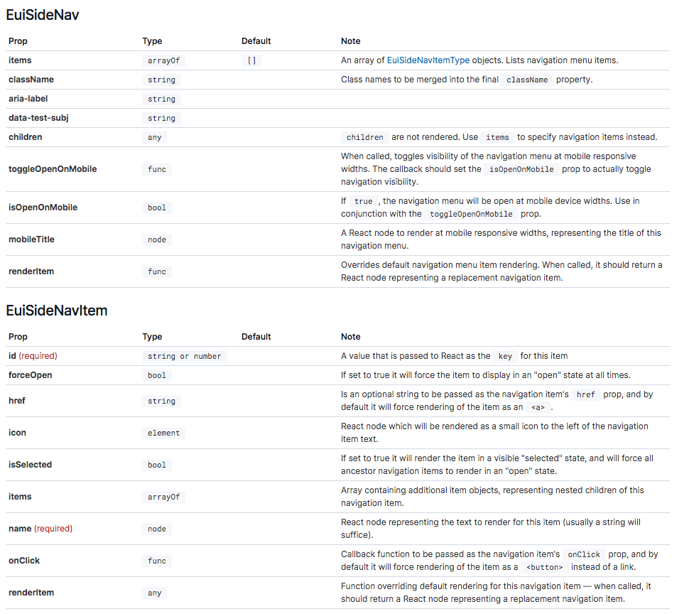 EuiSideNav + EuiSideNavItem props