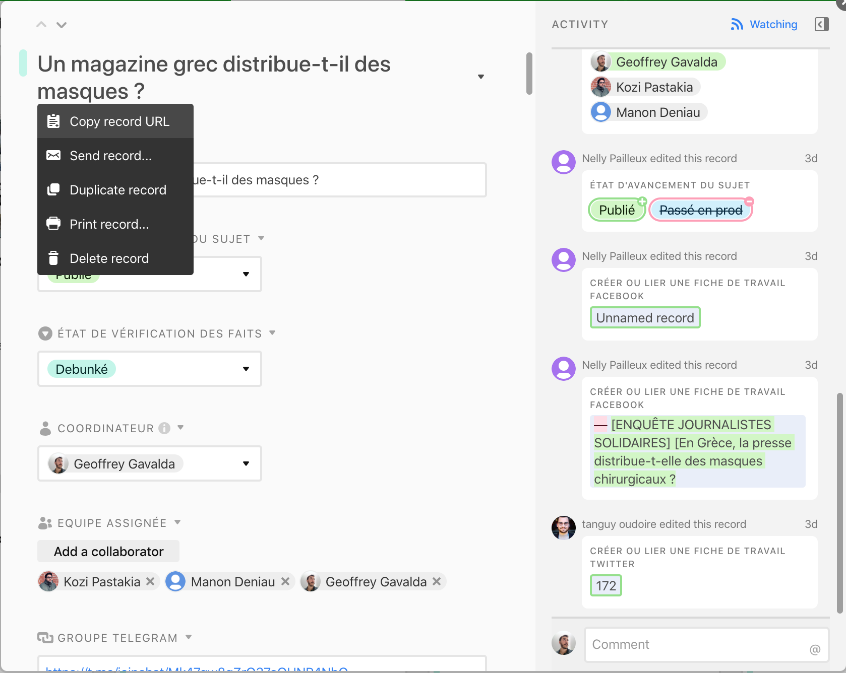 Une fiche AirTable dans la table “Factchecks Internes”