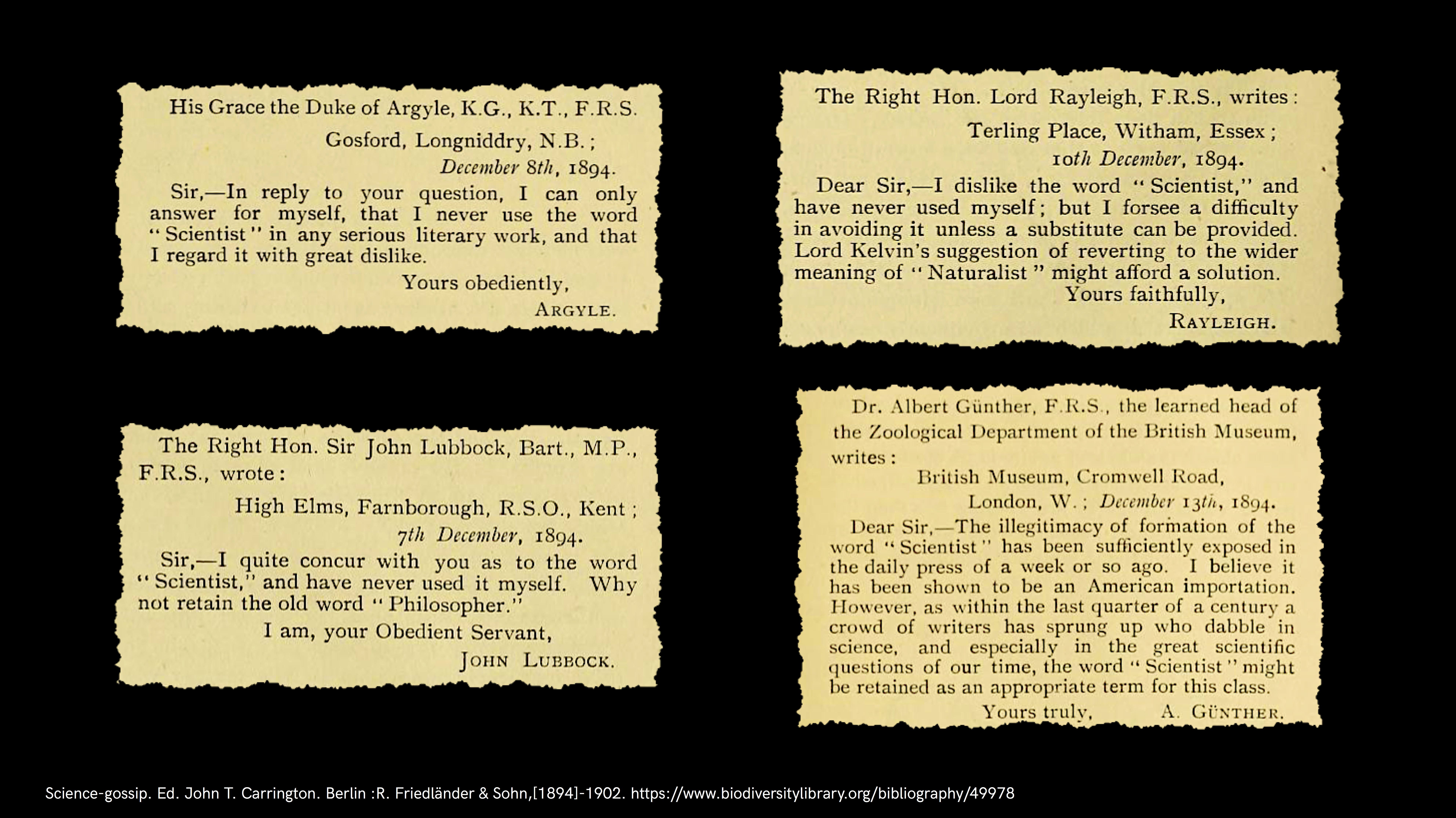 Responses to the word scientist in Science Gossip, 1864