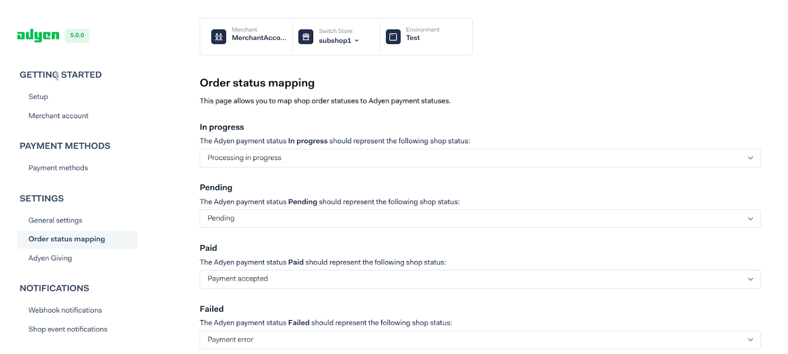 screenshot of the payment status mappings configuration page