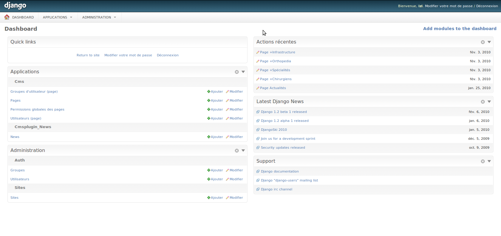 The admin index dashboard