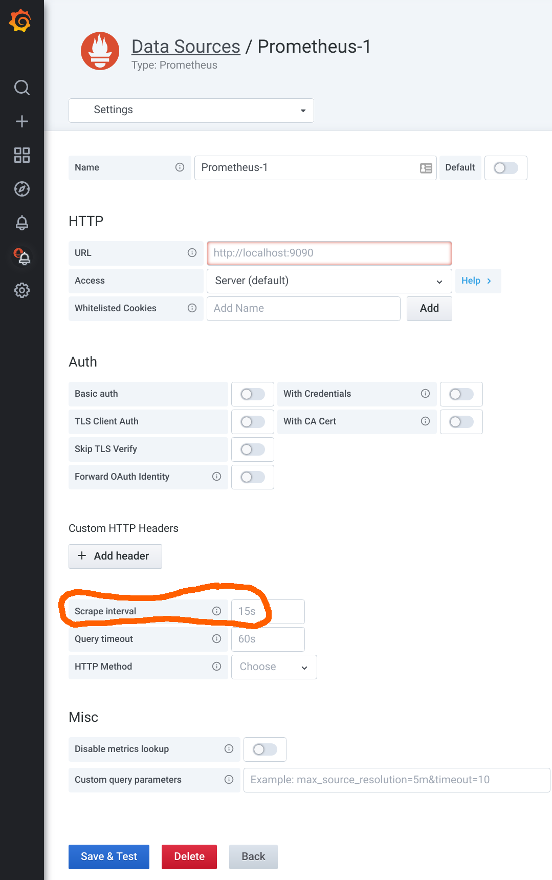 Settings screen for a Prometheus data source in Grafana, showing the scrape interval field