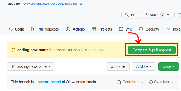 Screenshot of GitHub repository with the link to compare and pull request highlighted