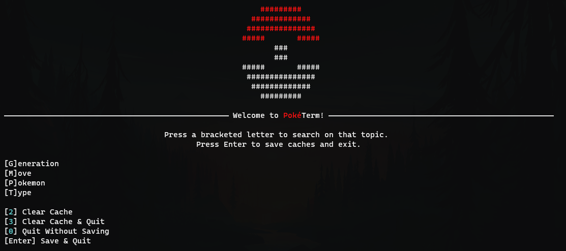 Homescreen of the terminal application, displaying the title and some menu choices.