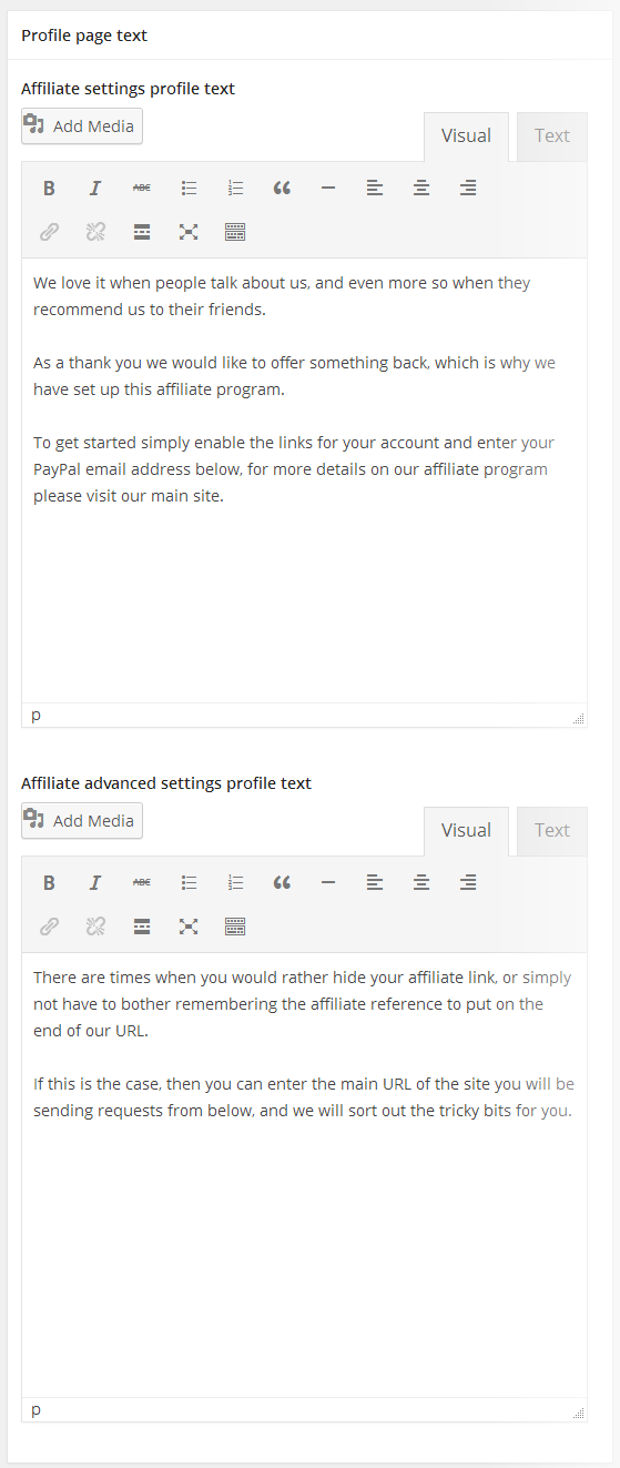 Affiliate settings - Profile page text