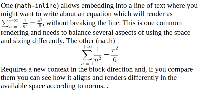 illustration of an equation rendered inline with prose and again as a block