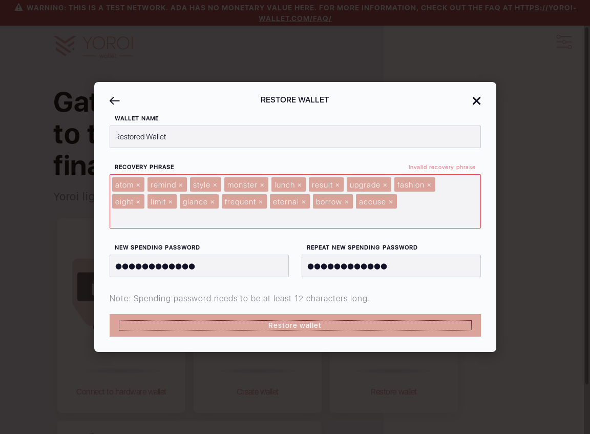 Wallet restoration Recovery Phrase test IT70/7_132-I click the Restore Wallet button.png