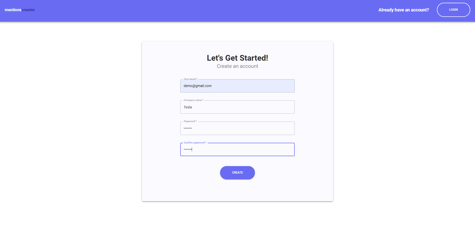 Signup page