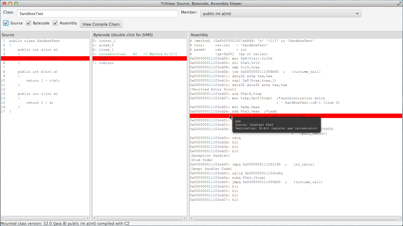 TriView combined source, bytecode, assembly viewer.