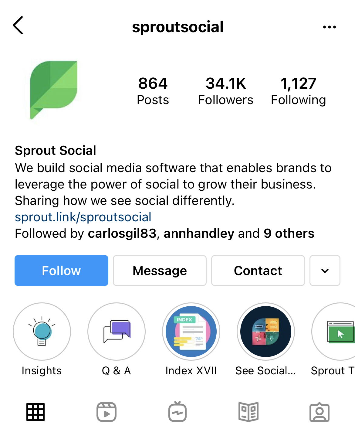 A screenshot of Instagram Stories Highlights on Sprout Social's Instagram profile.