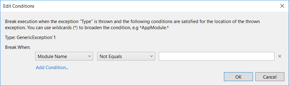 Dialog showing configuring Visual Studio 2017 conditions for breaking on an exception