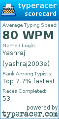 TypeRacer.com scorecard for user yashraj2003e