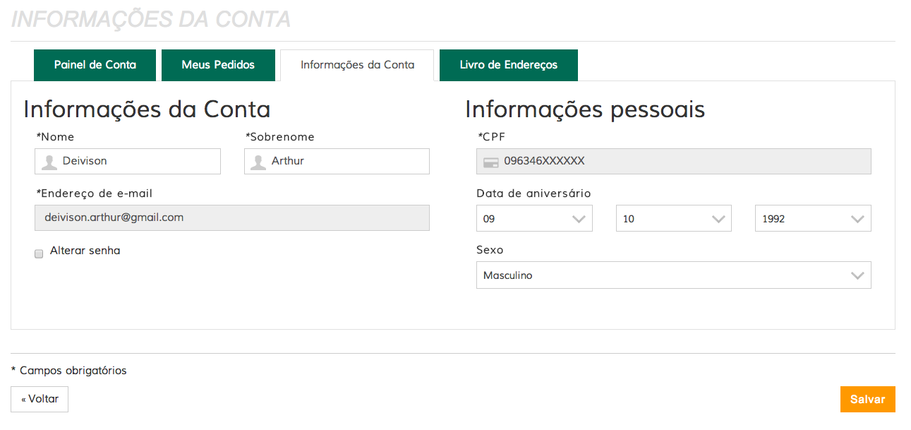 One Step Checkout Informações da Conta