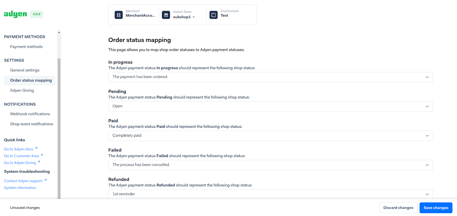 screenshot of the payment status mappings configuration page