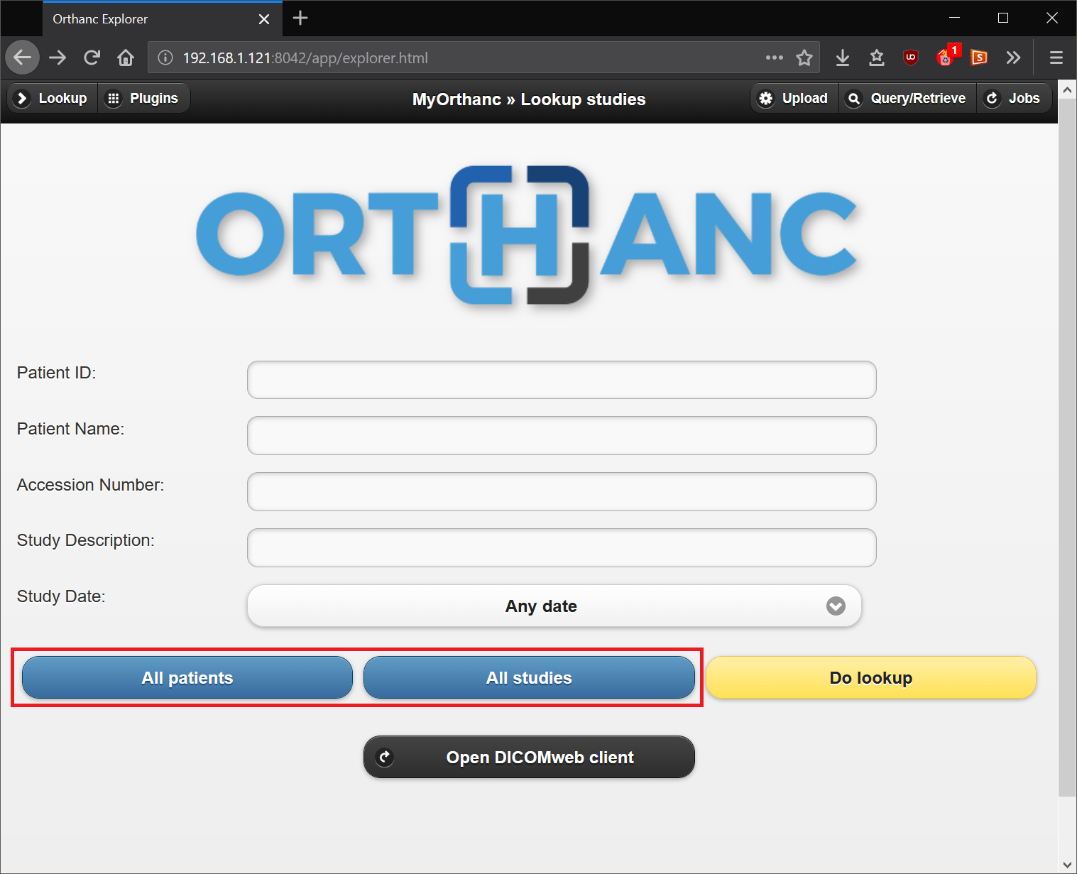 Orthanc Web Interface Home