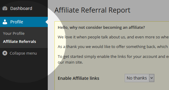 Affiliate referrals menu