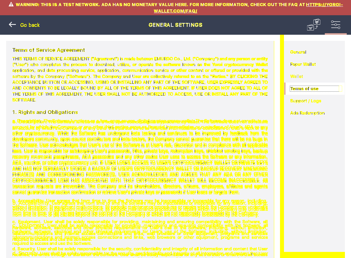 Yoroi Settings Screen Terms of Use in Default EnglishIT3/3_157-I click on secondary menu item.png